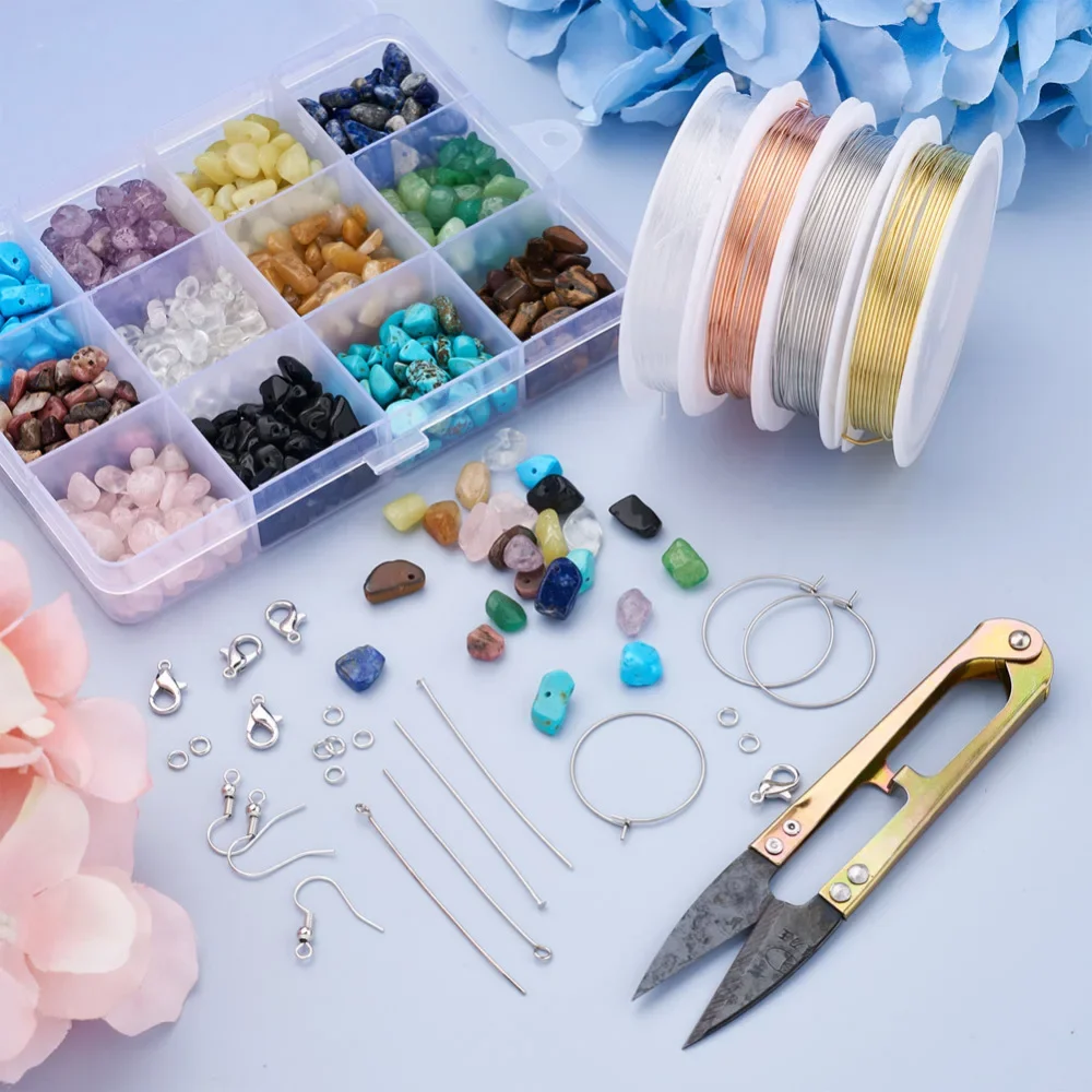 1 Box Natural Stone Beads with Elastic Crystal Thread Ear Hooks Pins Scissors Jewelry Sets DIY Earring Bracelet Making Kits