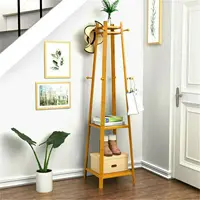 Bamboo Coat Rack Free Standing 2-Shelves Clothing Storage Garment Organizer Stand with 8 Hooks Clothes Poles 55kg Load-bearing f 1