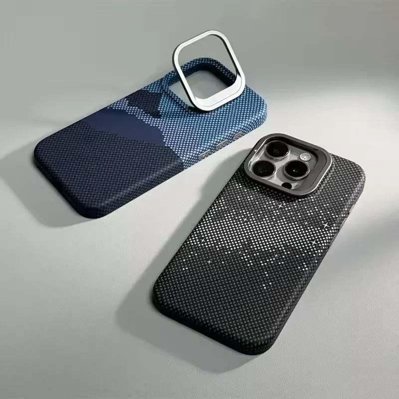 Premium Alloy Lens Stand Holder with Wireless Charging for MagSafe Phone Case - Sleek Pixel Textured Hard Back Cover