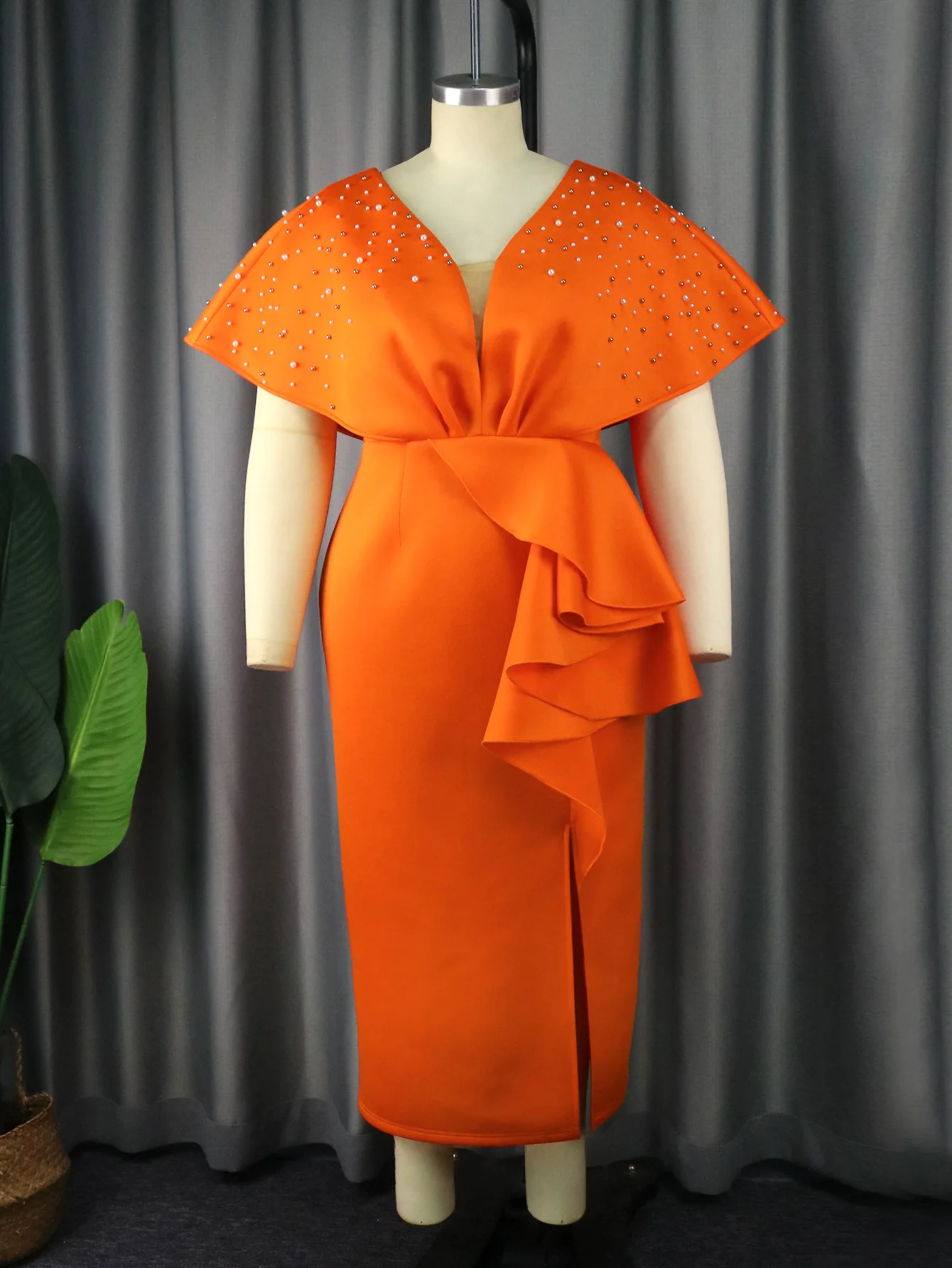 Plus Size Evening Dress Women Pearl Ruffle Split Chubby Cloth Female Casual Elegant Robe 2023 Summer Sale New Party 4xl Dress