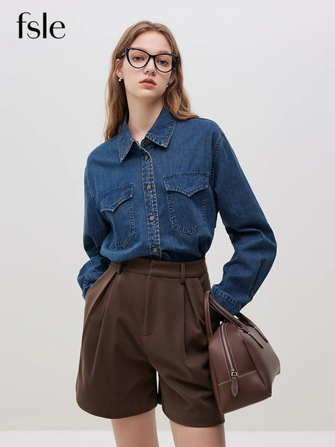 FSLE Retro Fashionable Washed Old Denim 100% Cotton Shirt for Women Autumn Winter 2023 New Big Pockets Design Top Female