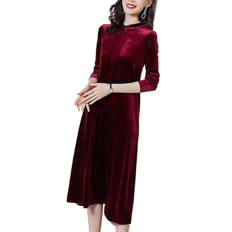 

Winter stand collor long sleeve velvet dress,Long maxi Autunm party dress Elegant vintage velour dress Vestidos