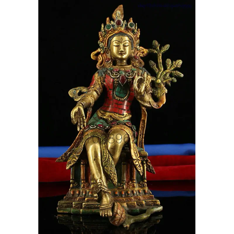 

Tibet Bronze Gilt Inlay Turquoise Gem Green Tara Kwan-yin Goddess Buddha Statue