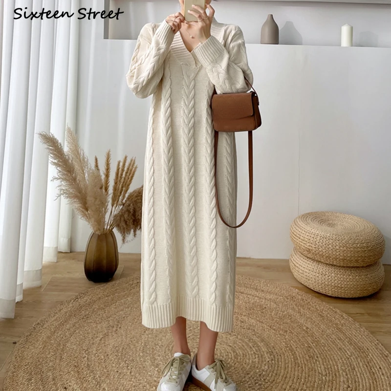 

2023 Vintage Twist Apricot Knitted Dress Women Autumn Oversized V-neck Thicken Long Sweater Dress Female Winter Knitwear Chic