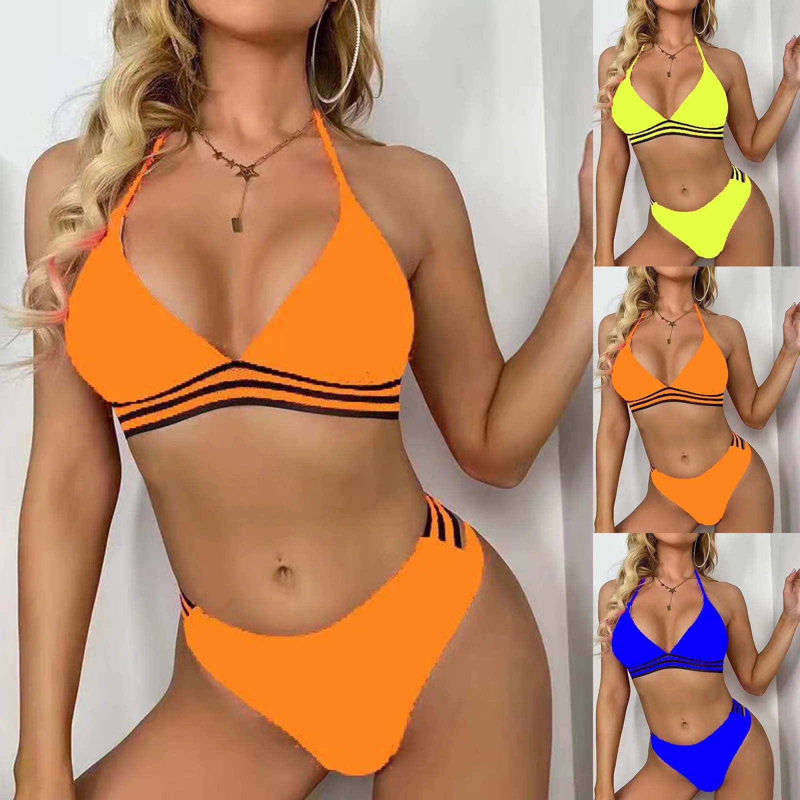 

New Swimsuit Europe And America Sexy Solid Color Split Bikini Hanging Neck Lace Up Split Swimsuit Anime Bikini Tie Bikini