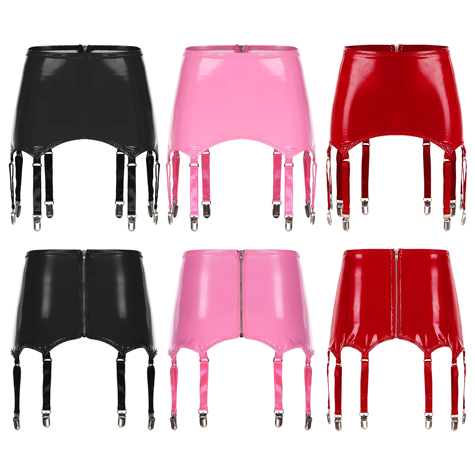Womens Garters Suspender Belt Skirts Ladies Wet Look Mini Skirts Leather Garters with Metal Clips Clubwear Costume Underwear 5