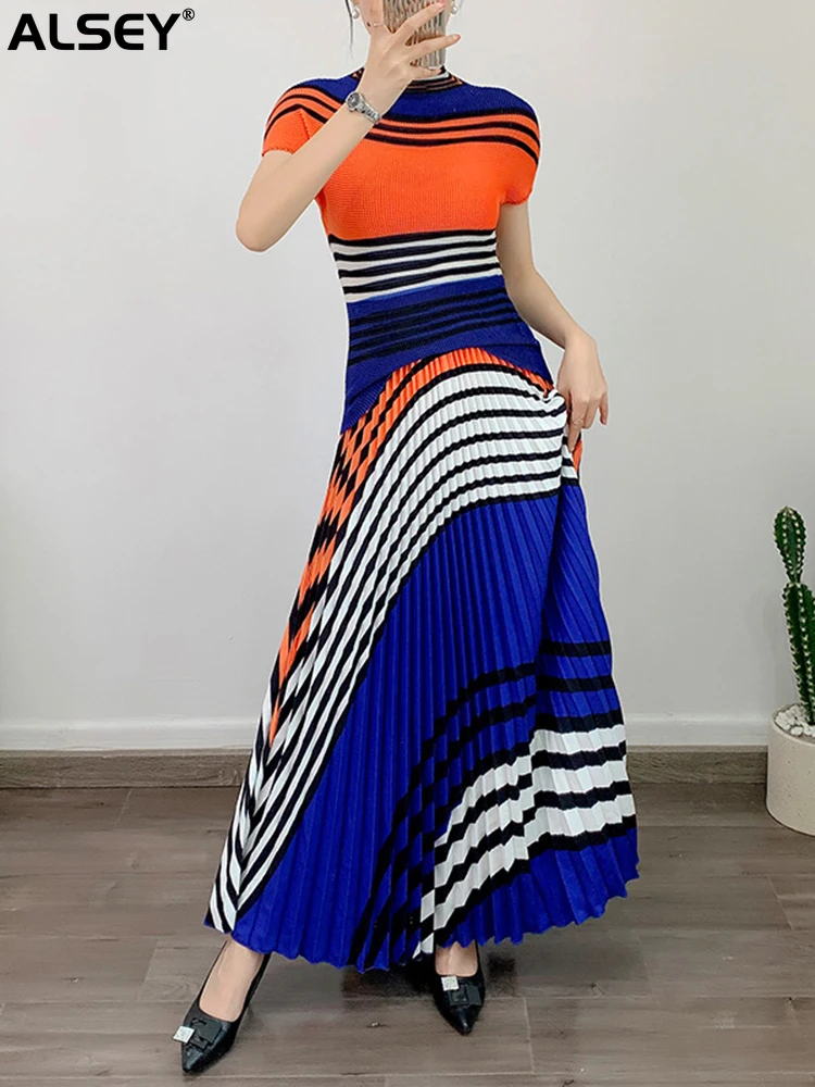 

ALSEY Miyake Pleated Round Collar Two Piece Set for Women Summer New Printing Striped Skirt Female Fashion Short Sleeve Top Set