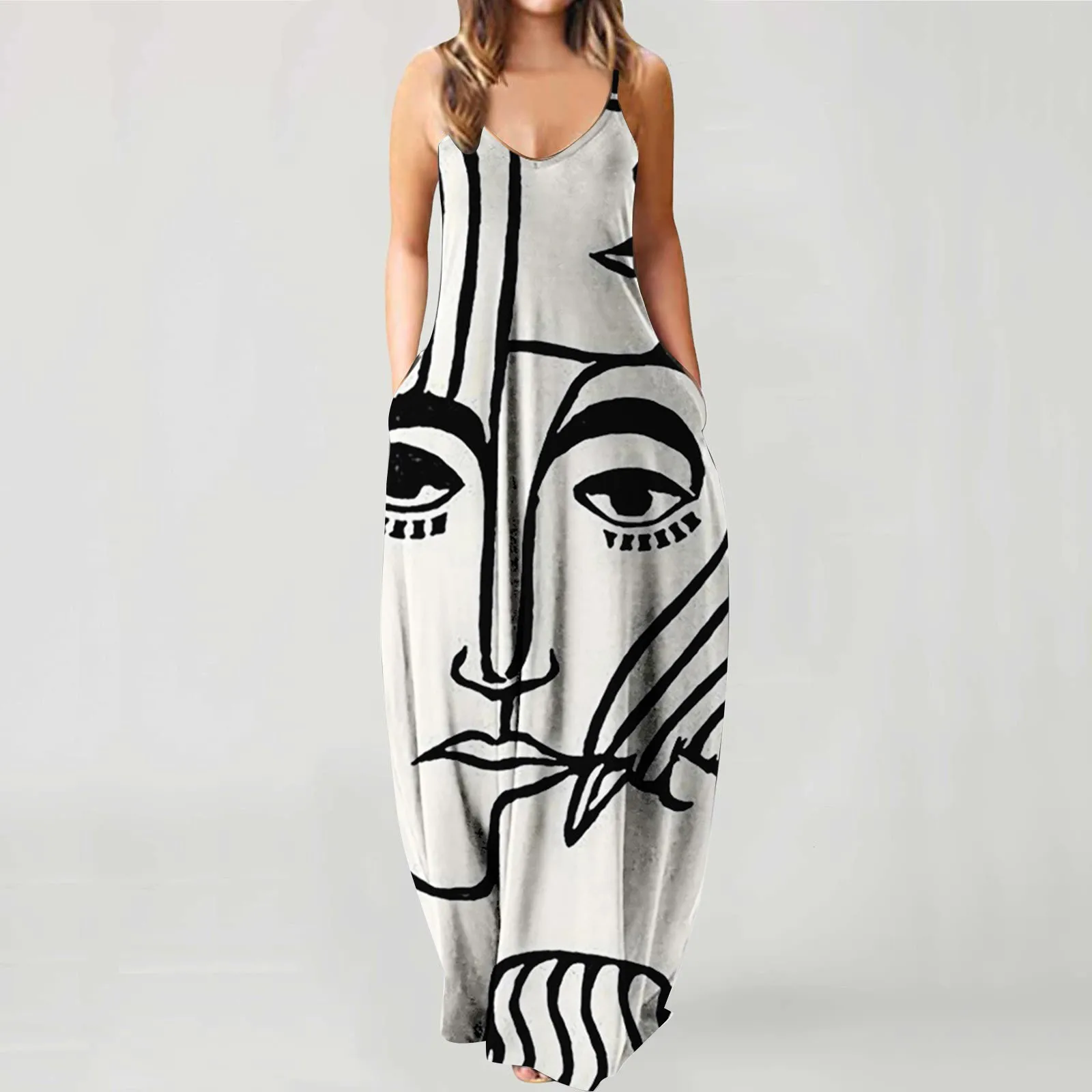 Maternity Maxi Dress Summer Strap Long Dress Abstract Face Style Digital  Printing Temperament Street Dress Girl Plus Size Dress - AliExpress