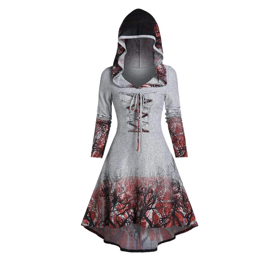 thumbnail image 1 of Vestido gótico para mujer, con estampado de raíces de árbol, con capucha, cordones, largo hasta la rodilla, manga larga, informal, hasta la pantorrilla, para fiesta, otoño, 1 of 5