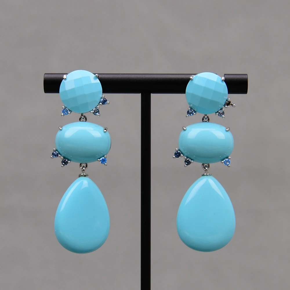 G-G Water Drop Blue Turquoise Dangle Cz Zircon Beads Party Studs Earrings Gold Plated Stone Earrings Gifts For Women