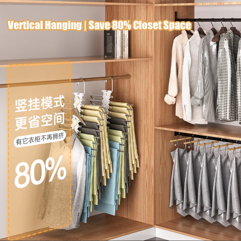 Foldable Beechwood Pants Rack Organizer - 6 Layer Hanger With 360° Rotating Hooks, Space Saving Closet Storage - View #7