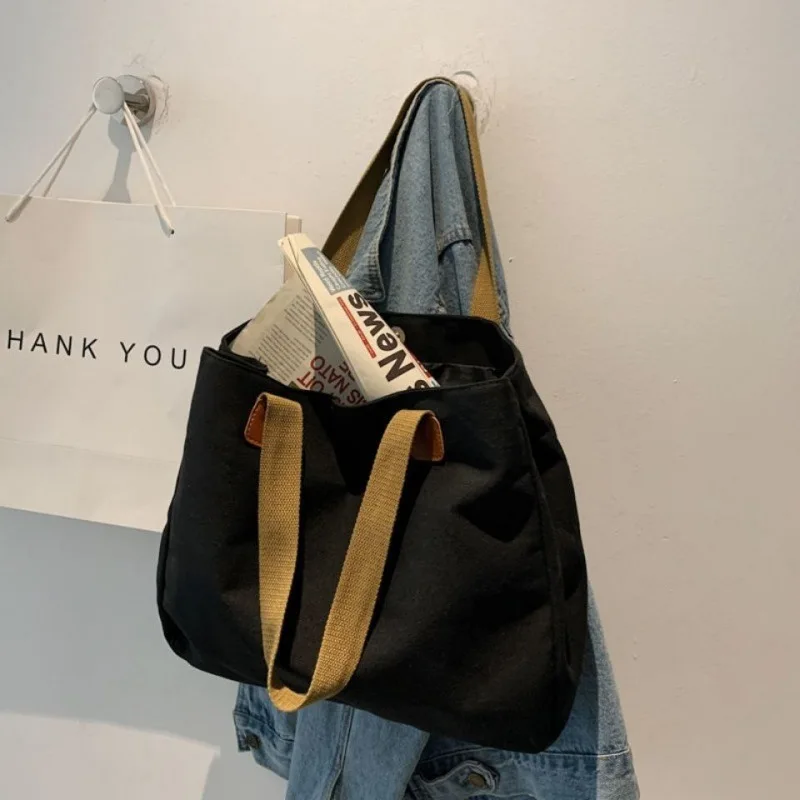 New Fashion Monochrome Canvas Large Capacity Handbag for Women Reusable Large Capacity Shopping Storage Bag for Students