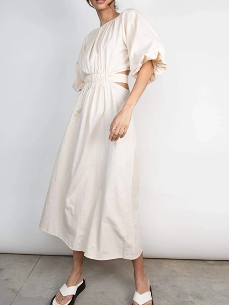 

New Lace-up Hollow Design Dress for Women Short Sleeve Bubble Sleeve O Neck Pleated Dresses Women A-line Elegant Dress Summer