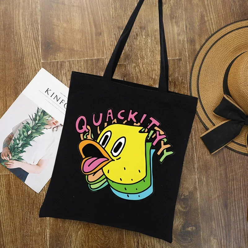 

Quackity duck Merch Tote Bag Shopping Original Design Black Unisex Travel Canvas Bags Eco Foldable Shopper Bag