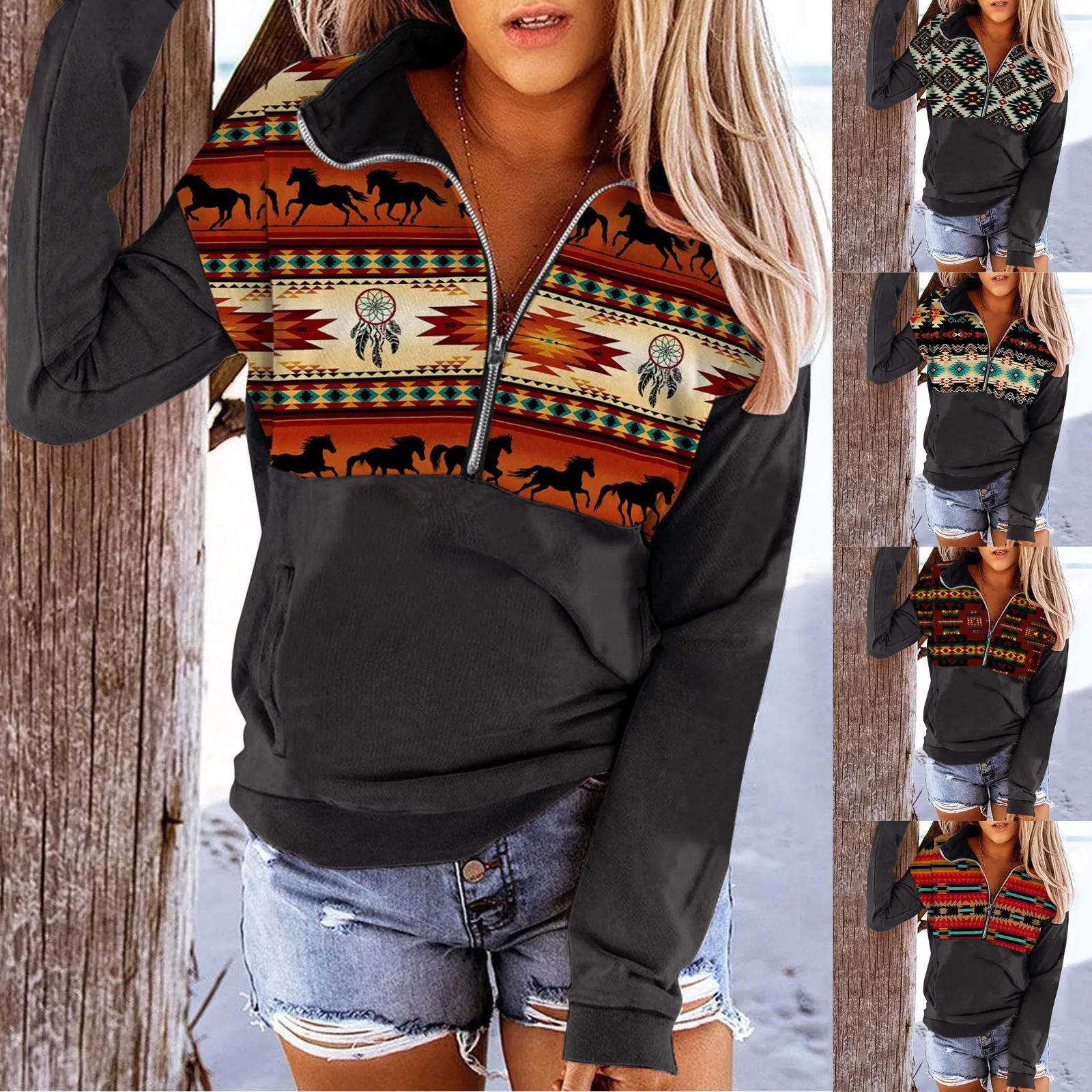 

Women Vintage Hoodie Ethnic Elephant Geo Print Drop Shoulder Quarter Zip Sweatshirts Long Sleeve Zipper Pullover Vintage Outwear