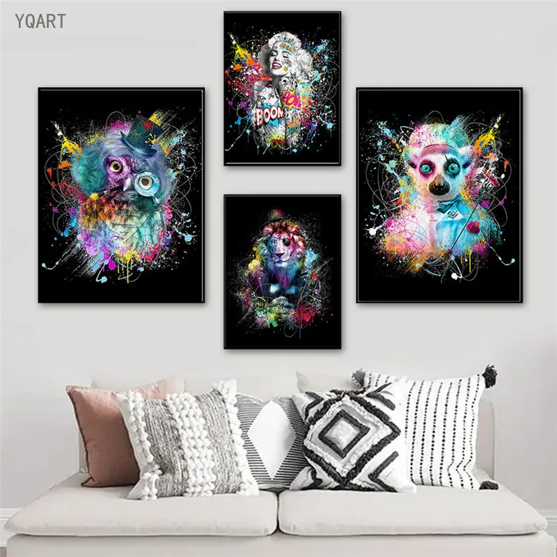 

Modern Colorful Animal Pictures Figure Paintings Wall Art Canvas Posters Print Modern Trippy for Living Room Home Decor No Frame