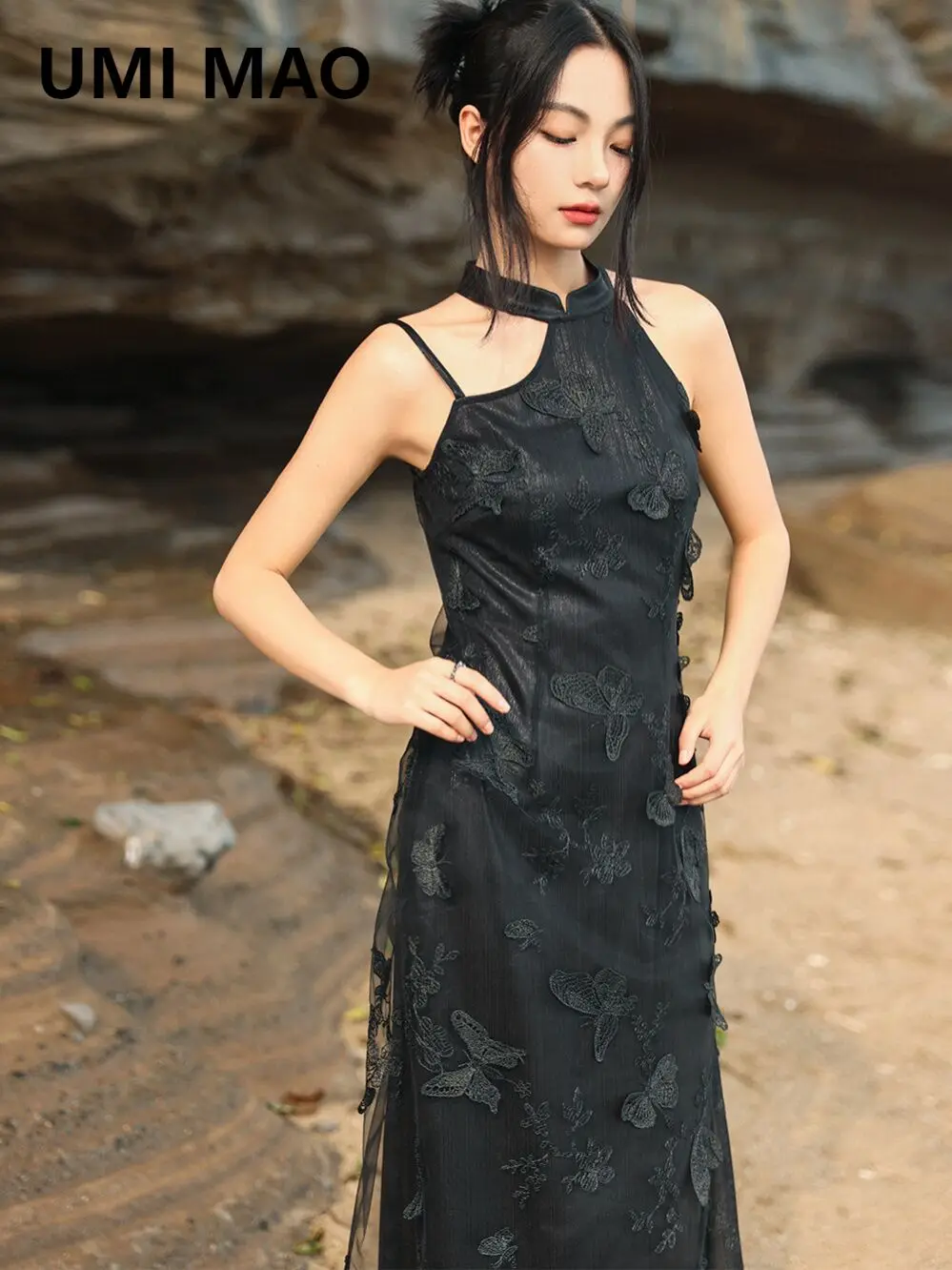 

UMI MAO Cheongsam Dress Elegant For Women's Summer New Chinese Style Black Waistband Three-dimensional Butterfly Long Dresses