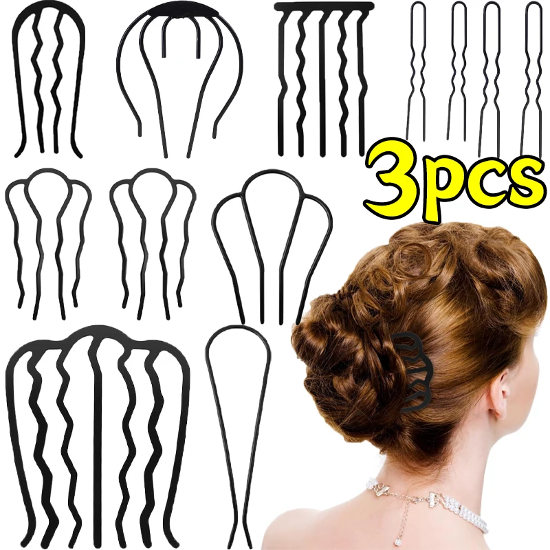 

1/3pcs Black Metal U Shape Hairpin Comb Women Messy Bun Hair Pin Clips Braiding Twist Fork Curly Updo Sticks Hair Styling Tools
