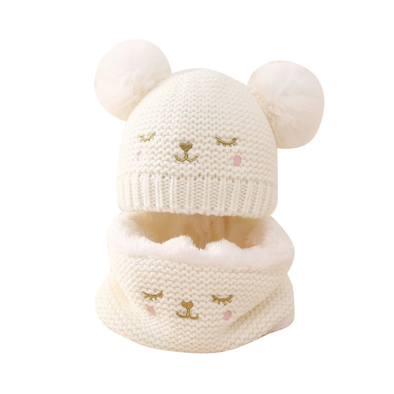 New Autumn Winter Baby Warm Hat Scarf Set Two Hair Balls Baby Hat Cartoon Knitted With Fleece Scarf Two-piece set