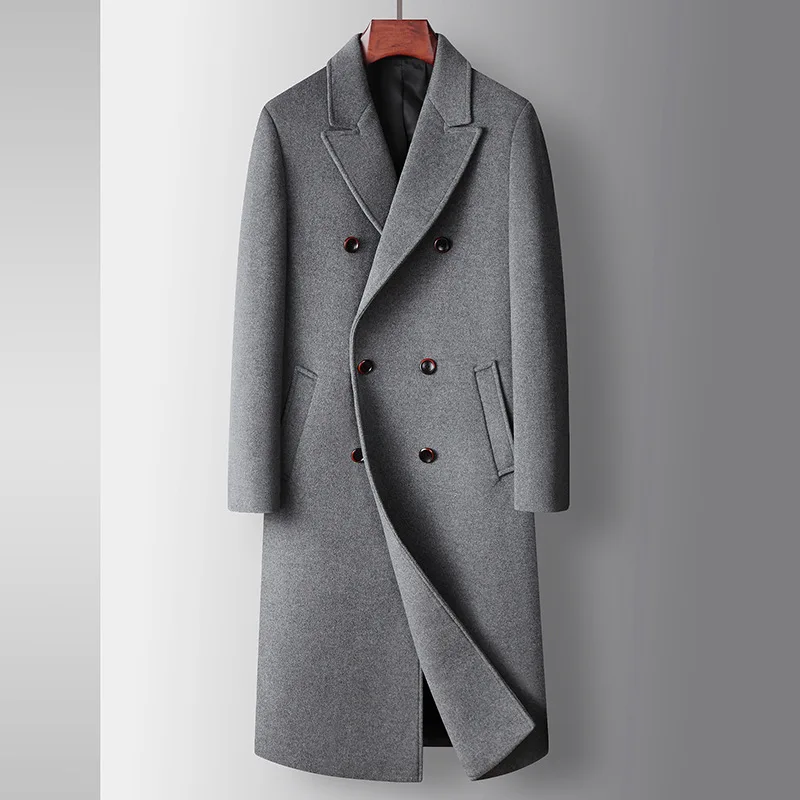 Winter New Men Fashion Double Breasted Wool Overcoat Long Young and Middle-Aged Solid Color Business Leisure Warm Woolen Coat