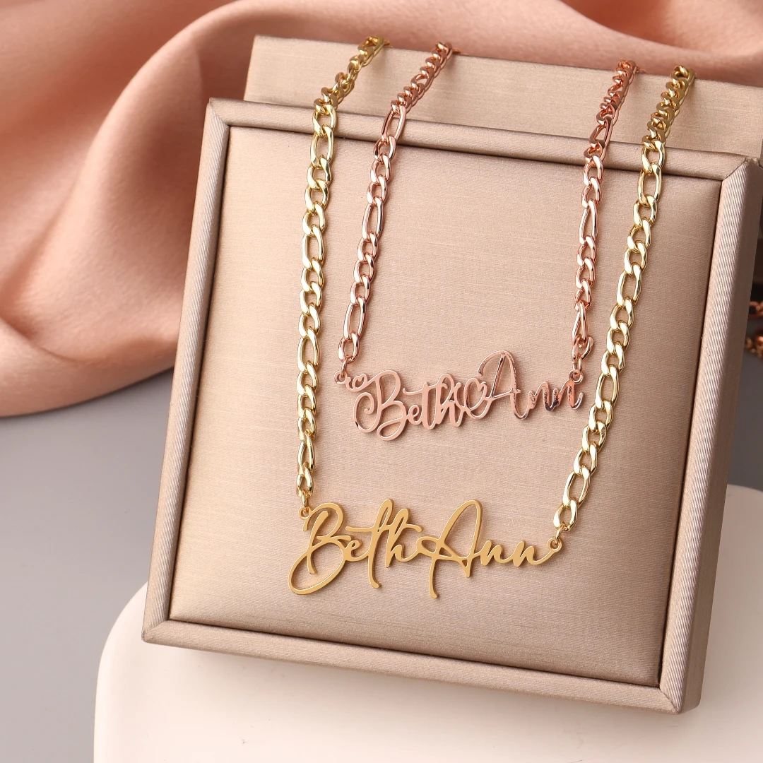 Custom Name Necklace For Women Any Font with Figaro Chain Gold Nameplate Necklace Best Friend Perfect Birthday Gift Choker 2023