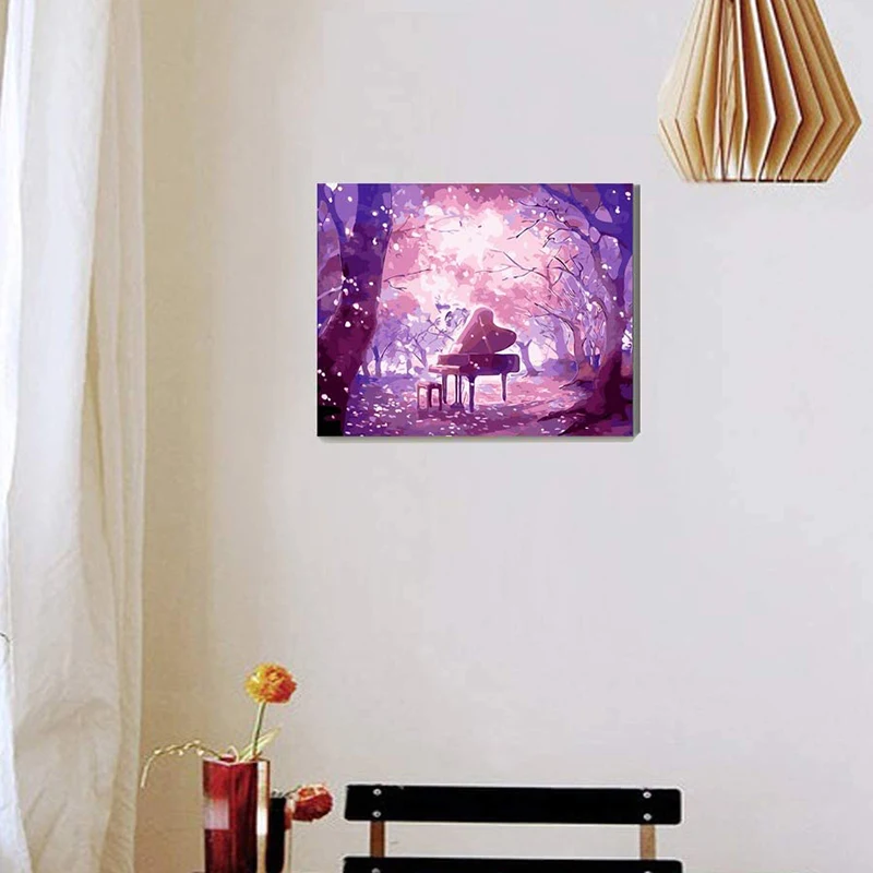 Adult Digital Painting, Digital Kit Painting On Canvas, Children's Beginner Oil Painting Kit-Cherry Blossom And Piano