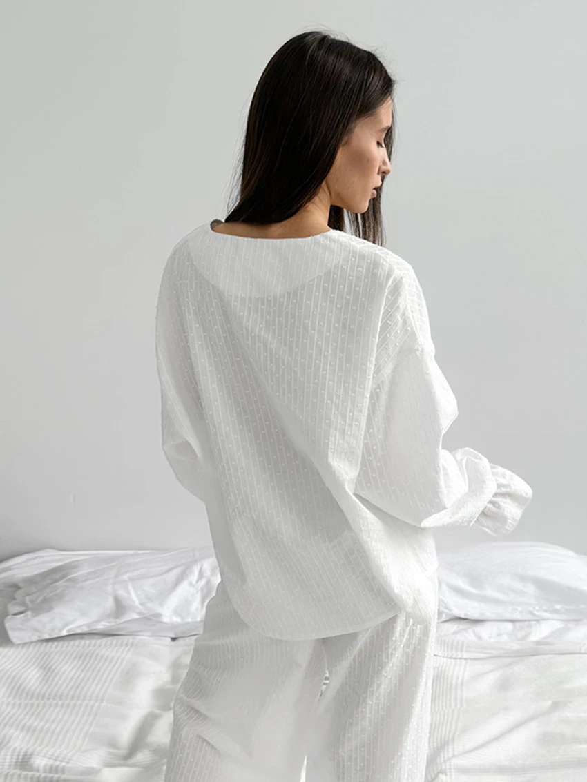 Marthaqiqi Cotton Loose Ladies Pajama Suit Long Sleeve Nightgown Sexy V-Neck Sleepwear Pants Casual Female Nightwear 2 Piece Set