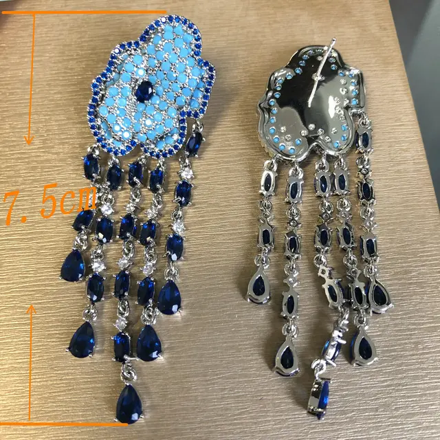 Bilincolor Luxury Elegant Blue Flower Tassel Earring for Women Christmas Gift 2