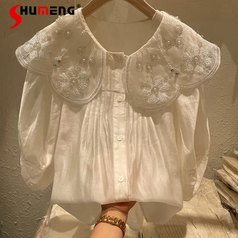 

Doll Collar Summer Lightweight Blouse Heavy Industry Rhinestone Beaded Design Sense Niche Puff Sleeve Shirt Cardigan Women's Top