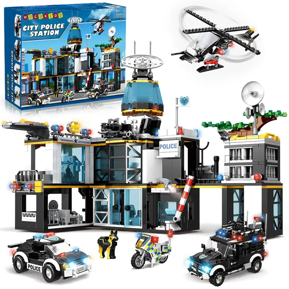 HOGOKIDS 1261PCS City Police Station Building Blocks Set Toys Helicopter Motorcycle 2 Cars STEM Police Construction Playset for Kids Christmas Birthday Gift
