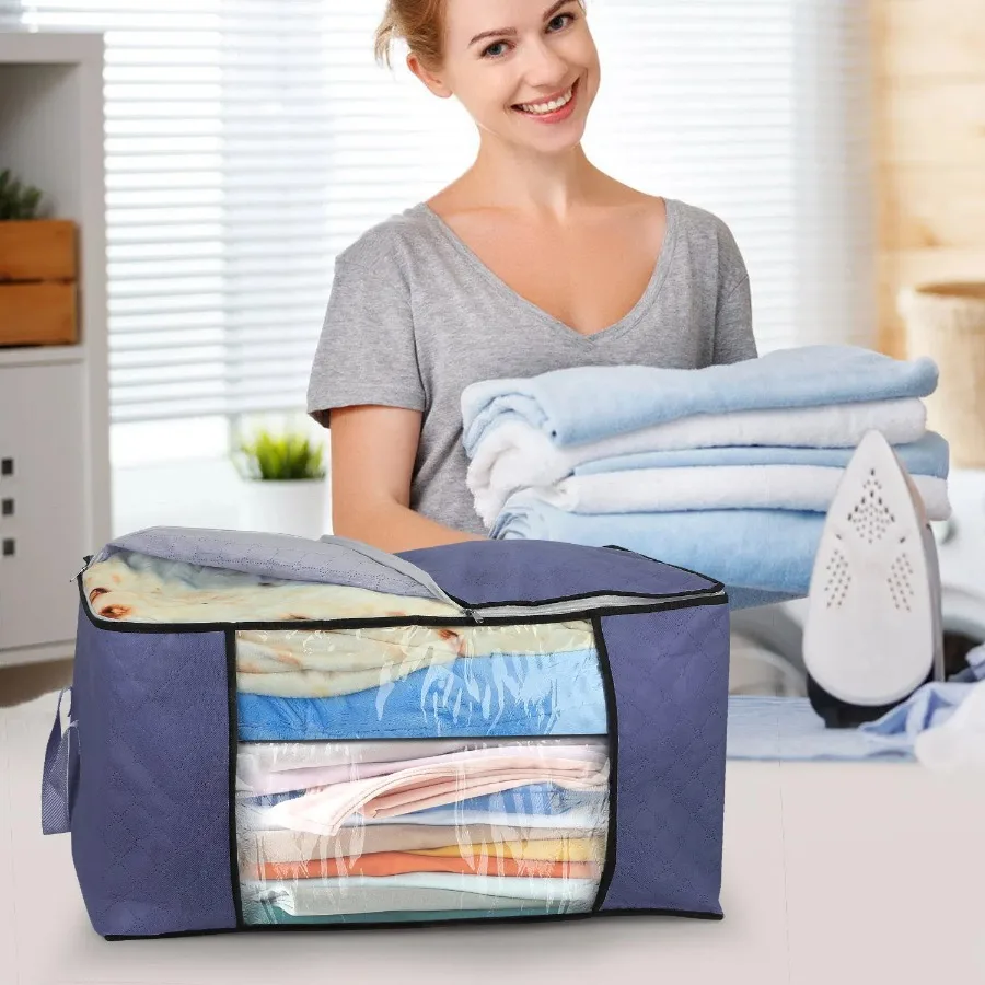 2 Pcs Clothes Storage Bag 90L Large Capacity Foldable Closet Organizer Thick Fabric Clear Window Dual-Zipper 4
