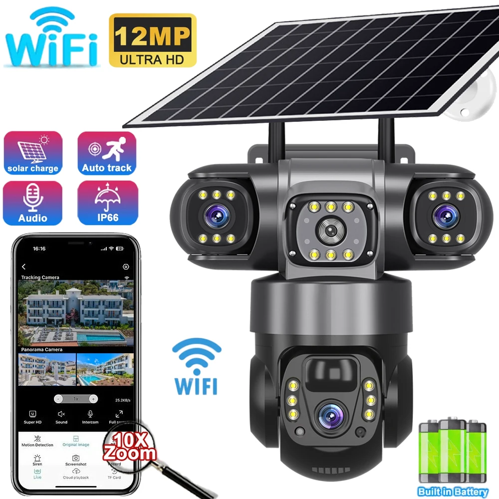12MP HD Solar Outdoor Camera 3 Lens 3 Screen 10X Zoom CCTV Night Vision IP66 Waterproof PIR Human Detect Wifi Security Camera 1