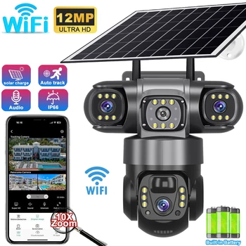 12MP HD Solar Outdoor Camera 3 Lens 3 Screen 10X Zoom CCTV Night Vision IP66 Waterproof PIR Human Detect Wifi Security Camera 1