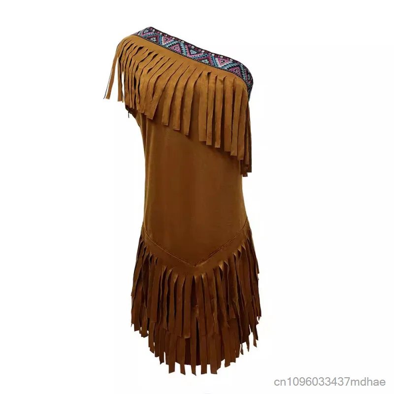 Abito con Frange Stile Nativo Americano, Monospalla con Cintura, Costume da Principessa per Donna, Outfit per Feste e Spettacoli - immagine 6