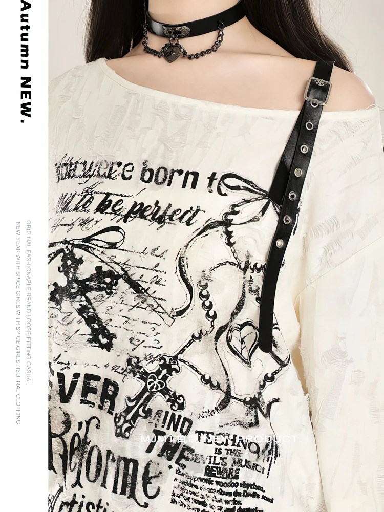 Y2k Long sleeve T shirt Women Off shoulder Oversize Tops Female Spring Autumn Vintage Holes Basic Tees Streetwear Chic view 3