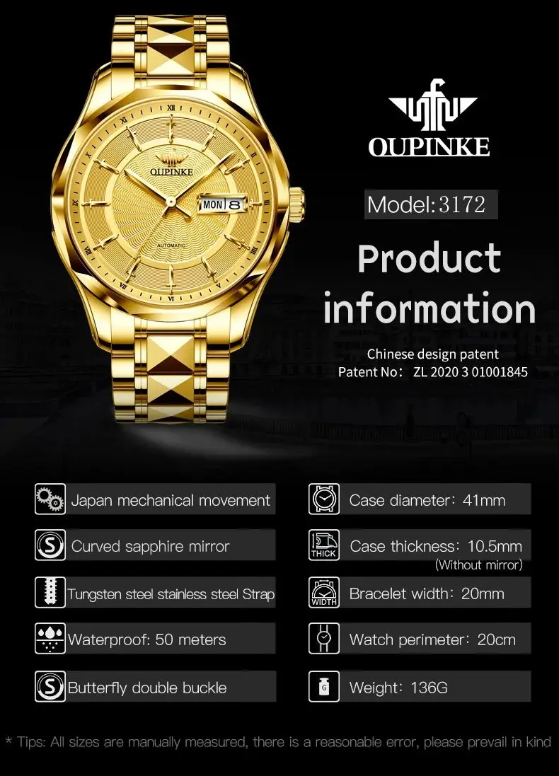 OUPINKE 3172 Men's Watches Dual Calendar Luxury Original Business Watches For Man Japan Automatic Mechanical Wristwatches Man