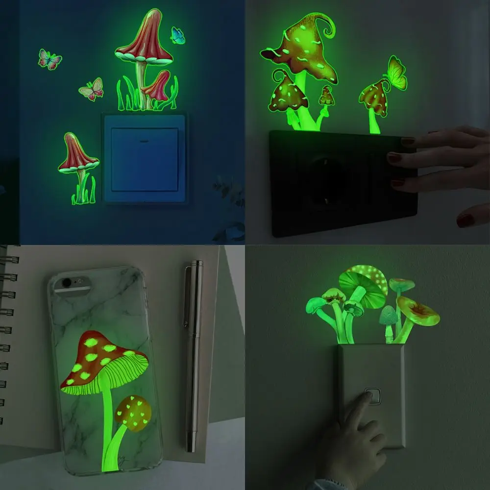 Self-adhesive Luminous Mushroom Wall Stickers Glow in the Dark Easy to Paste Fluorescent Mushroom Switch Stickers DIY