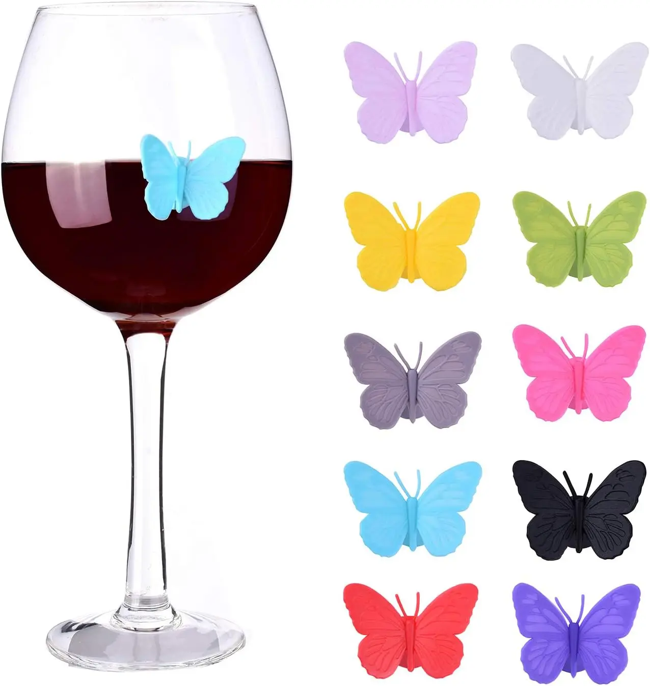 10pcs Wine Glass Marker Wine Charms Silicone Drink Markers Butterfly Tags Suction Cup for Bar Party Family Dinner Party