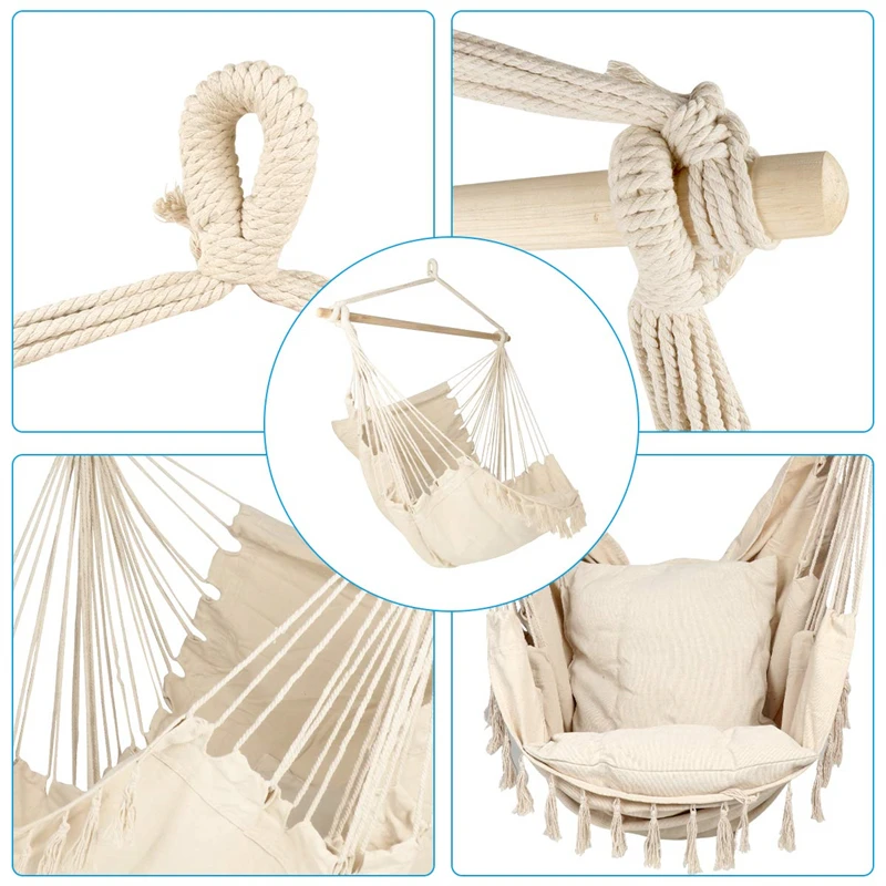 Hammock Swing Chair Hammock Chair Hanging Rope Swing Max 500 Lbs 2 Cushions Included Large Macrame Hanging Chair with Pocket for Superior Comfort