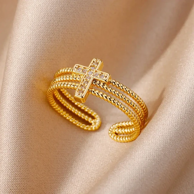 Bagues ajourées en chaîne pour femmes, couleur or, acier inoxydable, Zircon, croix ouverte, tendance, bijoux esthétiques de mariage, cadeau