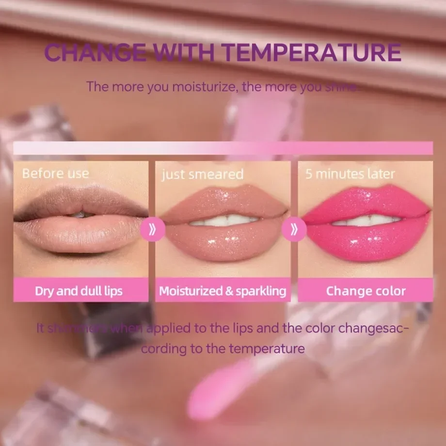 3-color Private Label Color-changing Lip Oil Custom Logo 6ml Transparent Square Tube Pearlescent Clear Lipgloss Makeup Wholesale 5