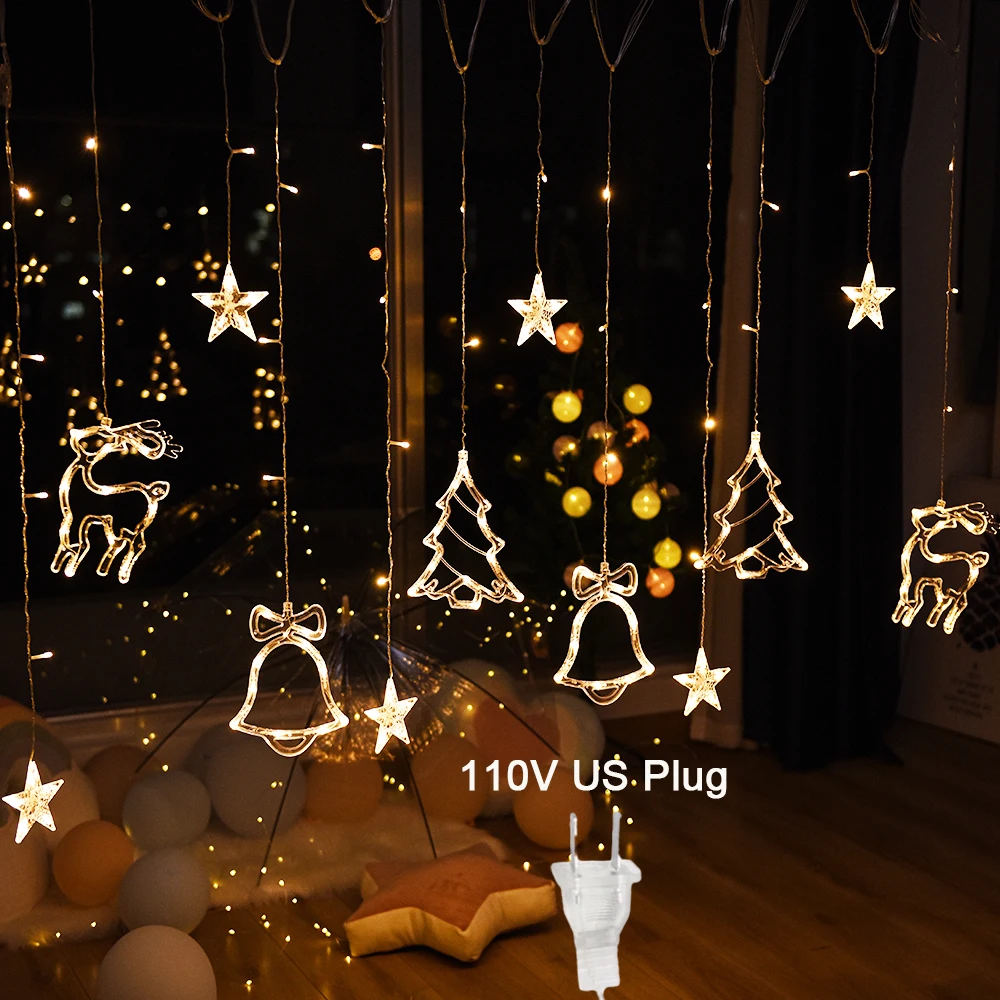 thumbnail image 1 of Christmas Fairy Curtain String Lights 3.4M LED Star Deer 220V 110V Garland Festoon For Xmas Tree New Year Navidad Party Decor, 1 of 5