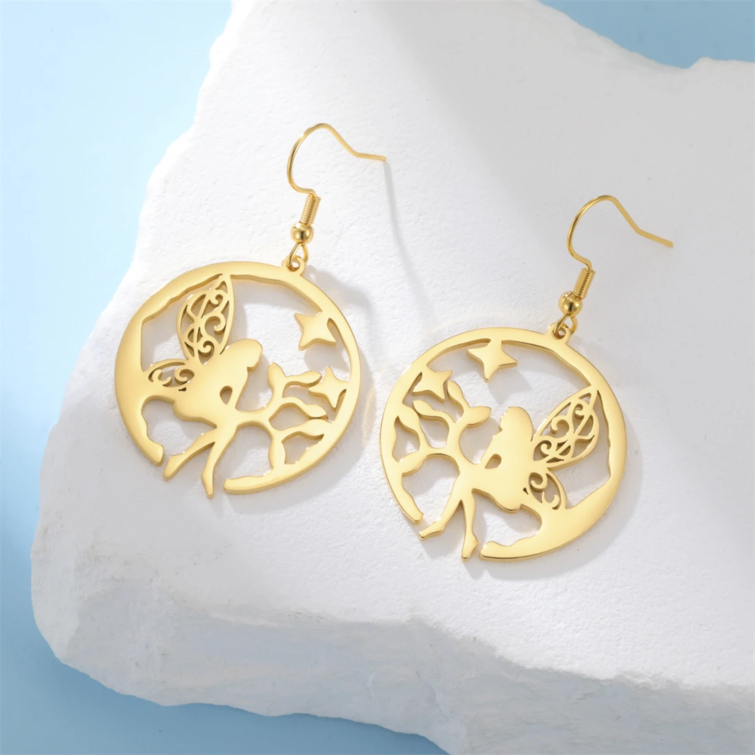 Elegante Blumen-Fee-Tropfenohrringe aus Edelstahl, modischer Charme, Waldelfe, baumelnde Ohrringe für Frauen, Dame, Party, Schmuck, Geschenk – Detail 14