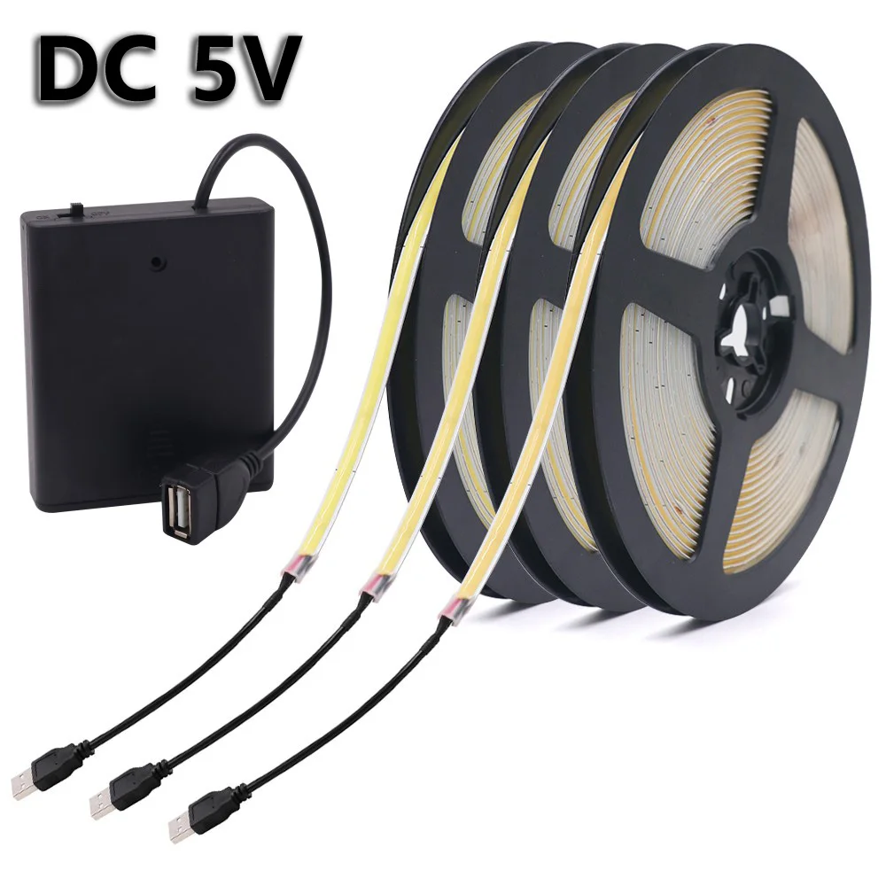 DC 5V 5mm USB COB LED Strip 4xAA Battery Powered High Density 320LEDs/m Flexible LED Tape Ribbon TV Backlight Cabinet Light