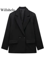 Willshela Women Fashion With Pockets Solid Double Breasted Blazer Vintage Long Sleeves Notched Neck Female Office Lady Outfits - Image 4