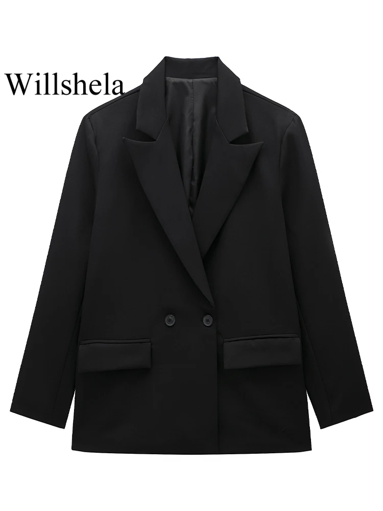 Willshela Women Fashion With Pockets Solid Double Breasted Blazer Vintage Long Sleeves Notched Neck Female Office Lady Outfits 4