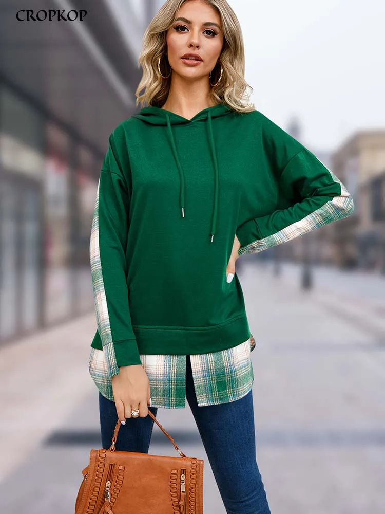 

Plaid Stitching Hoodies Women Elegant Long Sleeve Top Fashion Pullovers Autumn Winter New In Hoodies & Sweatshirts 2023