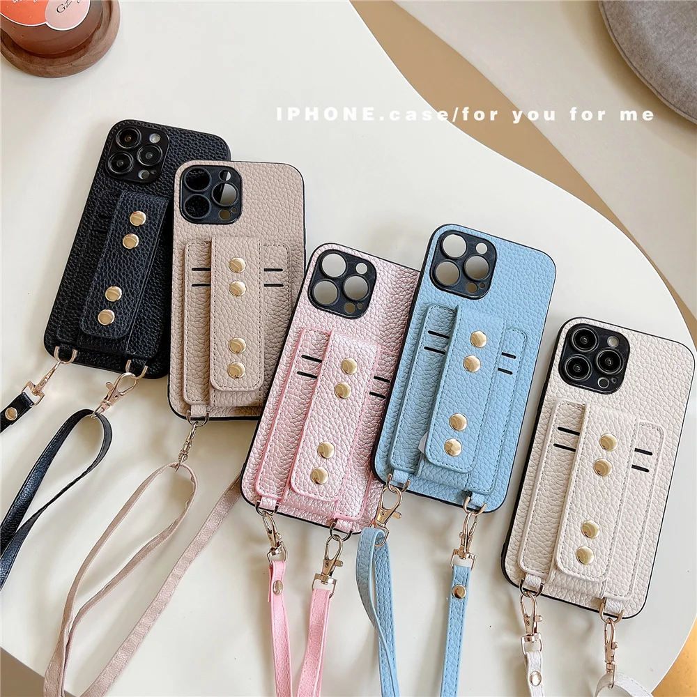 Luxury Card Holder Wallet With Finger ring Holder Phone Case For iPhone 14  11 12 13 Pro Max XS XR 7 8 Plus Mini Neck Lanyard