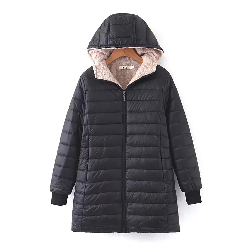 

Autumn and winter new plush hooded cotton jacket, women's lamb plush cotton jacket, medium length cotton jacket, small jacket