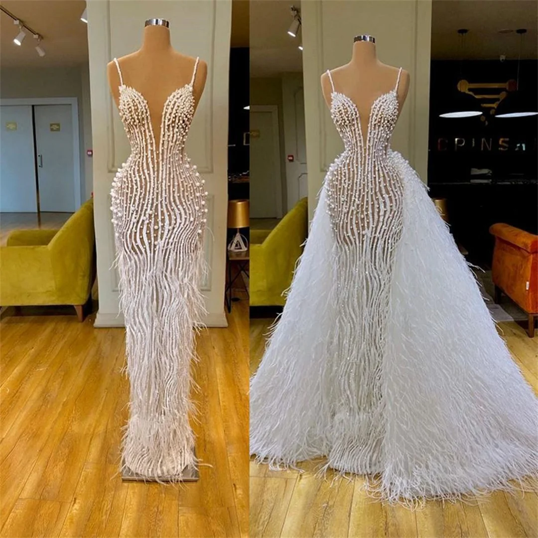 

Luxury Feather Pearls Mermaid Wedding Dresses Spaghetti Straps Bridal Gowns Custom Made Detachable Train Vestido de novia